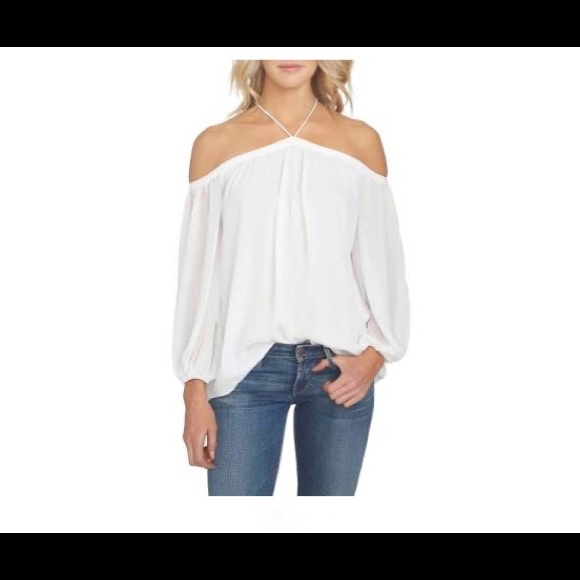 1. State Tops - 1. State  White Cold-Shoulder Long-Sleeve Blouse